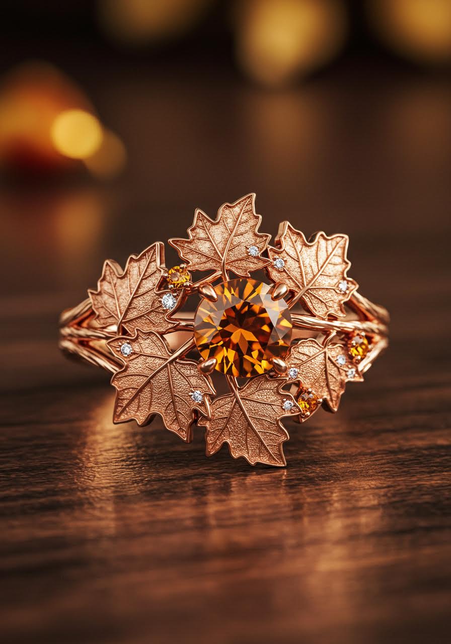 Autumn maple leaf engagement ring with warm amber and citrine gemstones nestled in rose gold sculptural leaf setting