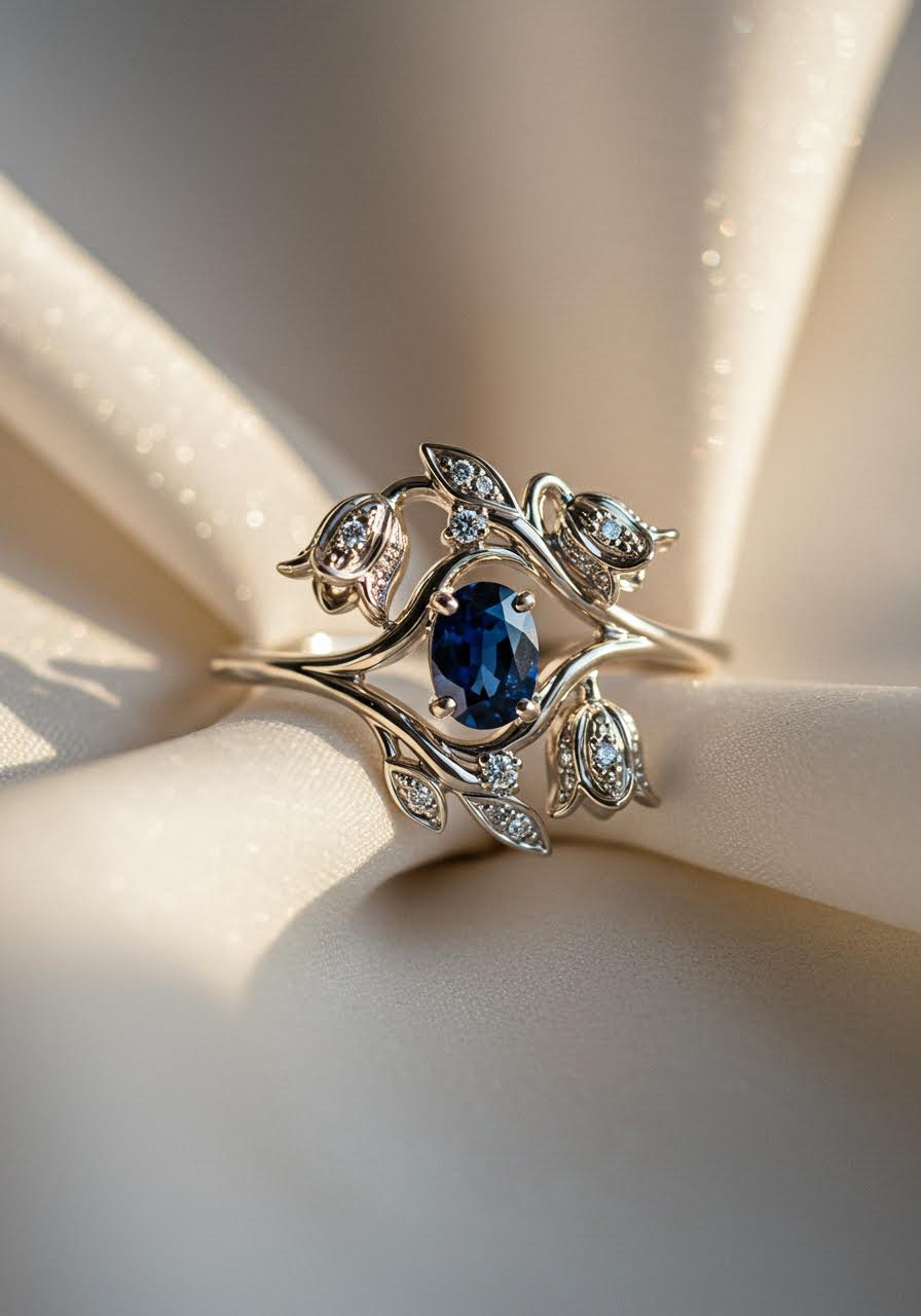 Bluebell engagement ring with deep blue sapphire centre stone surrounded by sculptural platinum bell-shaped flowers on curved stem band