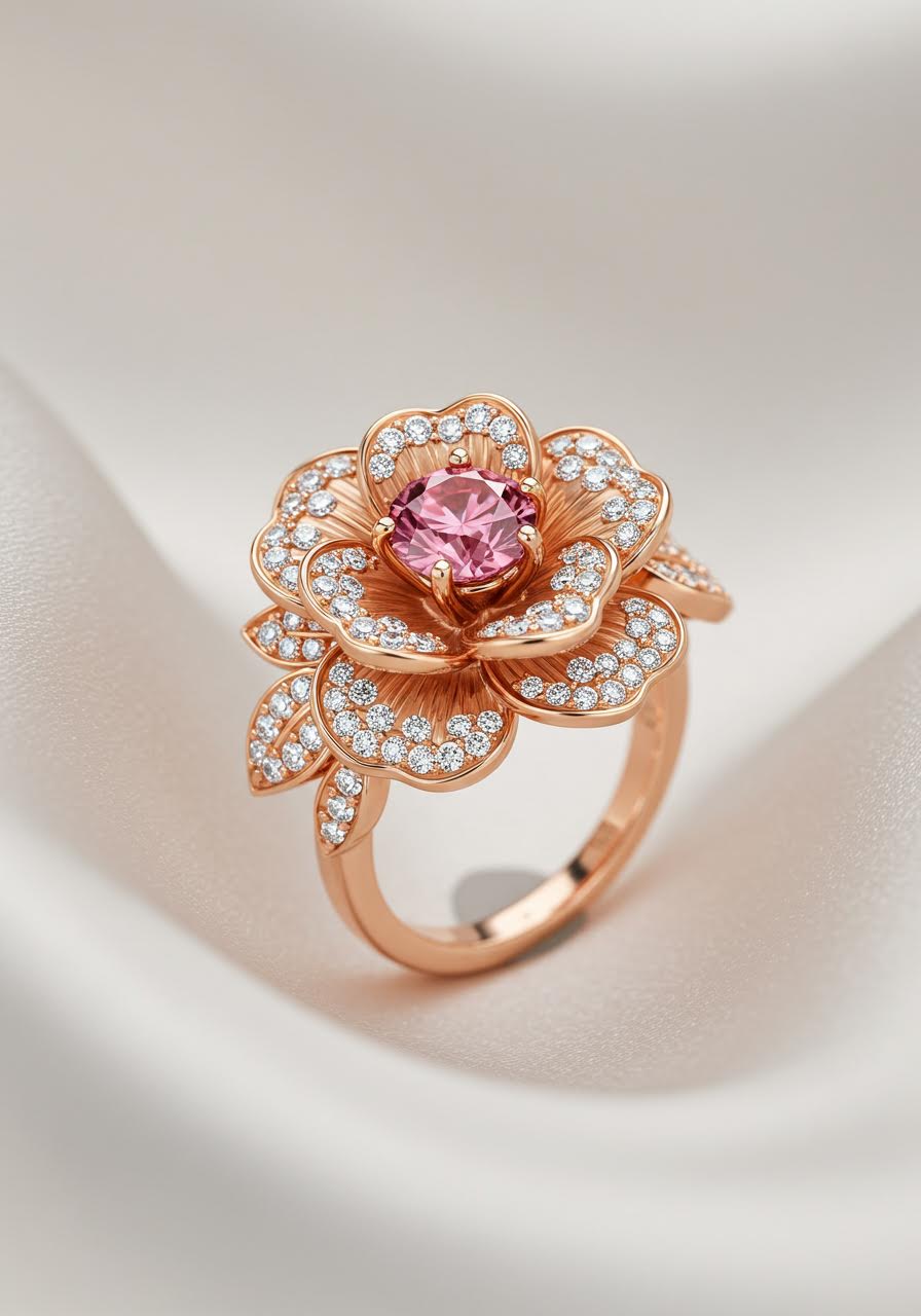 Camellia engagement ring with brilliant pink sapphire centre stone surrounded by sculptural rose gold camellia petals and teardrop diamond accents
