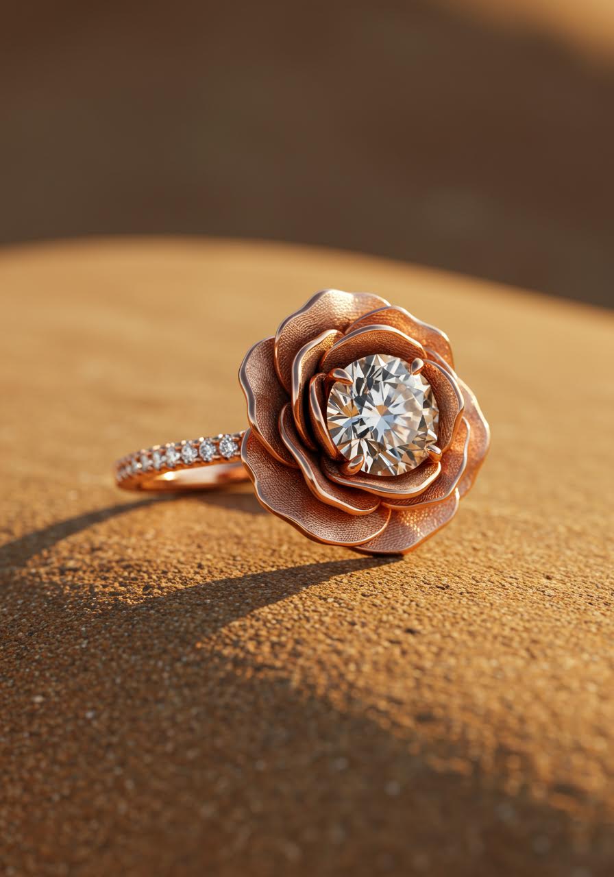 Desert rose engagement ring with champagne diamond centre stone nestled in rose gold sculptural petals with warm peachy undertones against sandstone backdrop