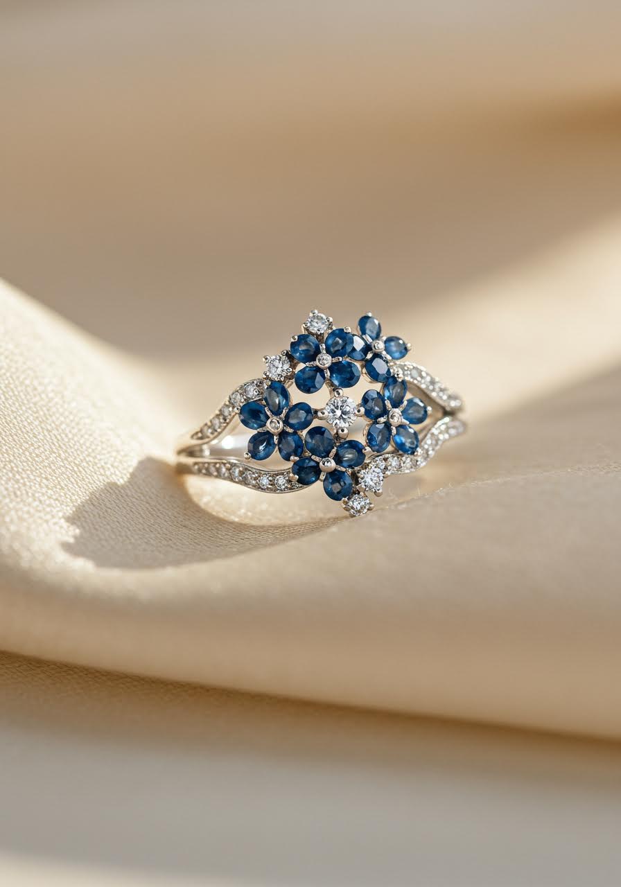 Forget-me-not cluster engagement ring featuring tiny blue sapphire five-petalled blooms with diamond centres in white gold vine setting