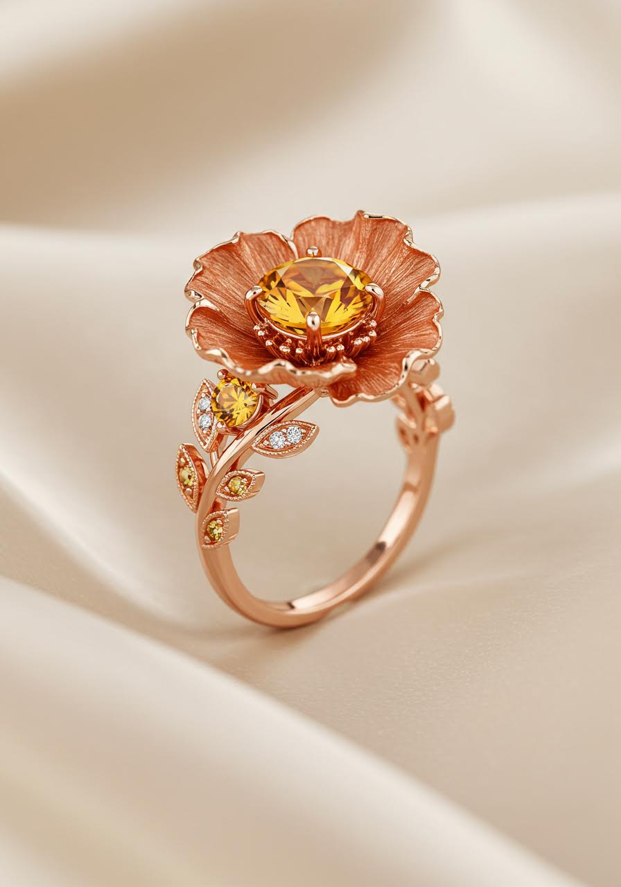 Golden poppy engagement ring with vibrant orange citrine centre stone nestled in rose gold sculptural petal setting