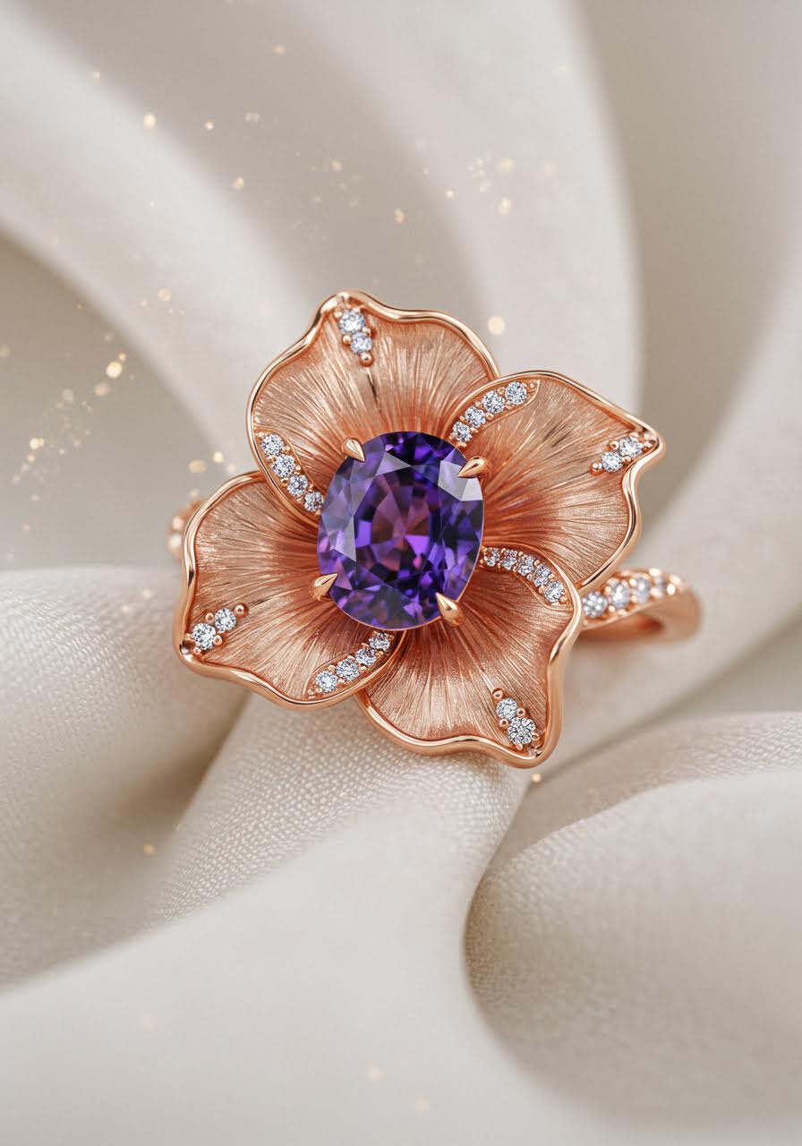 Morning glory engagement ring with purple sapphire centre stone surrounded by sculptural rose gold petals unfurling in gradient purple hues