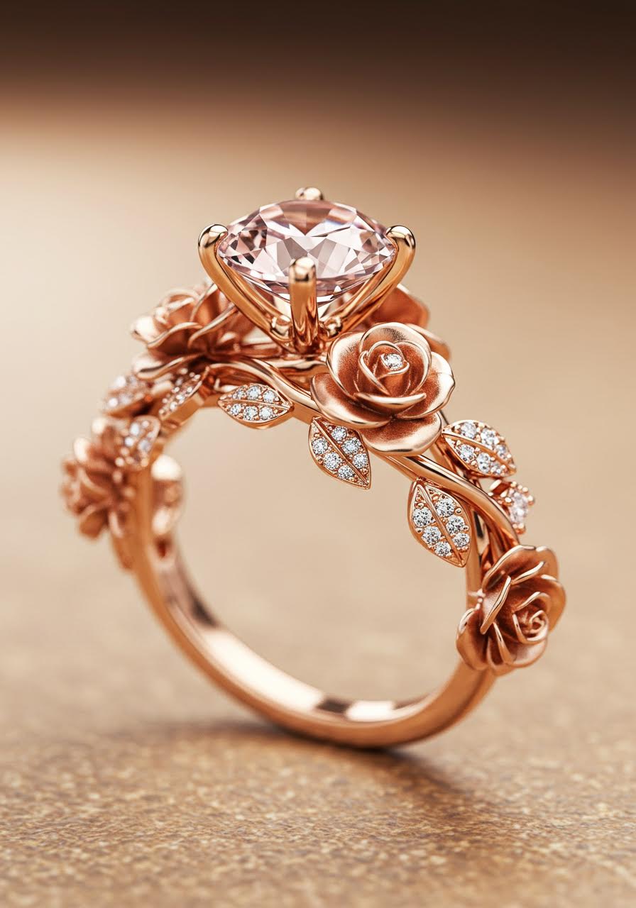 Rose garden trellis engagement ring with brilliant pink morganite centre stone surrounded by sculptural rose gold climbing rose blooms