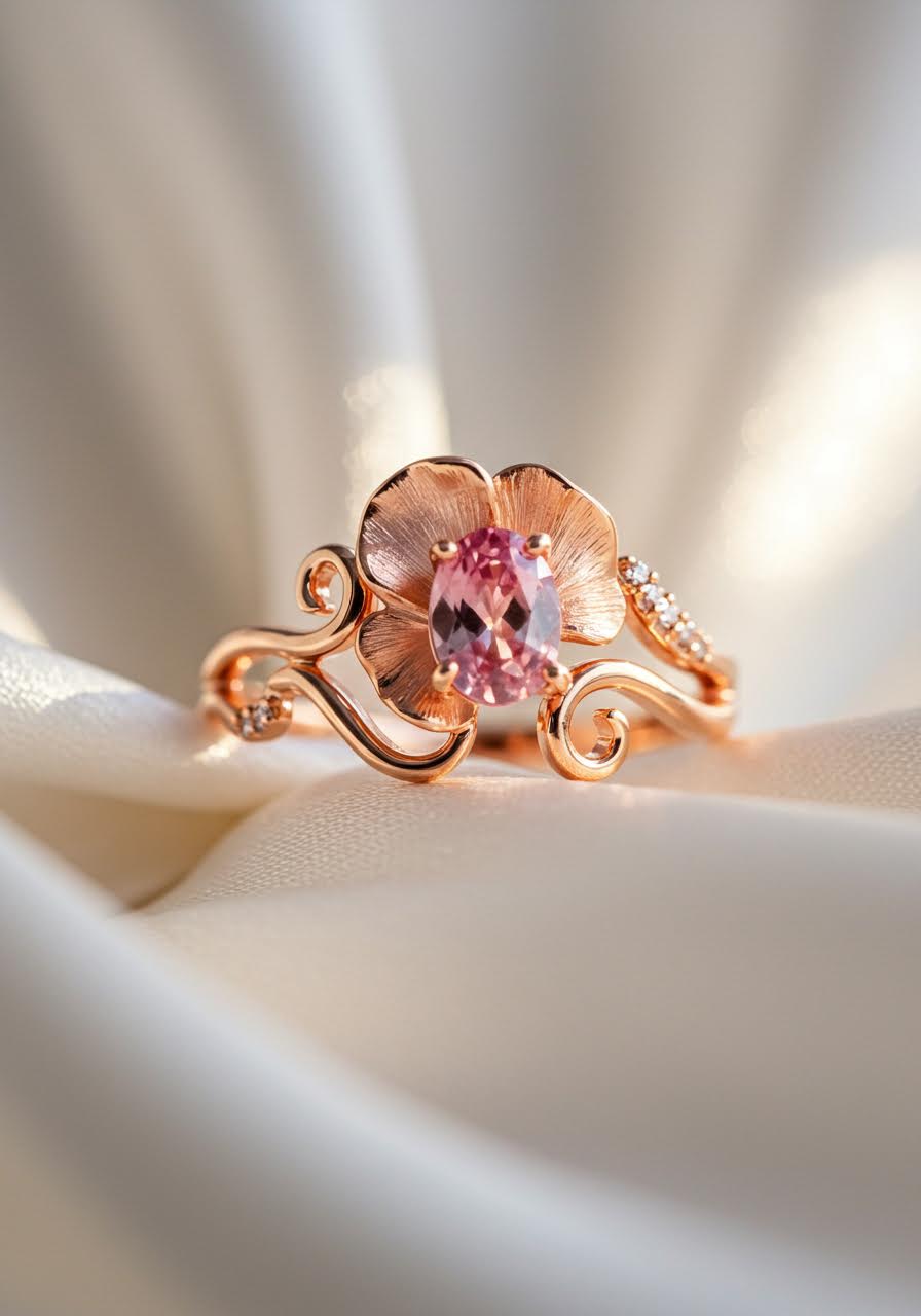 Sweet pea engagement ring with pink sapphire centre stone embraced by curved rose gold tendril design creating natural spiral patterns