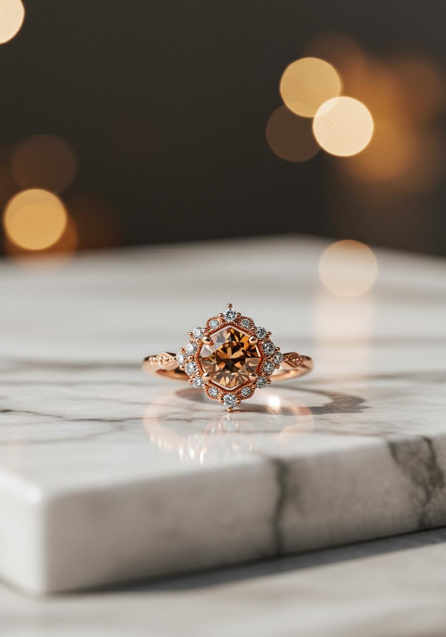 Honeybee-inspired engagement ring featuring hexagonal honeycomb patterns with amber-coloured centre stone and dewdrop diamond accents
