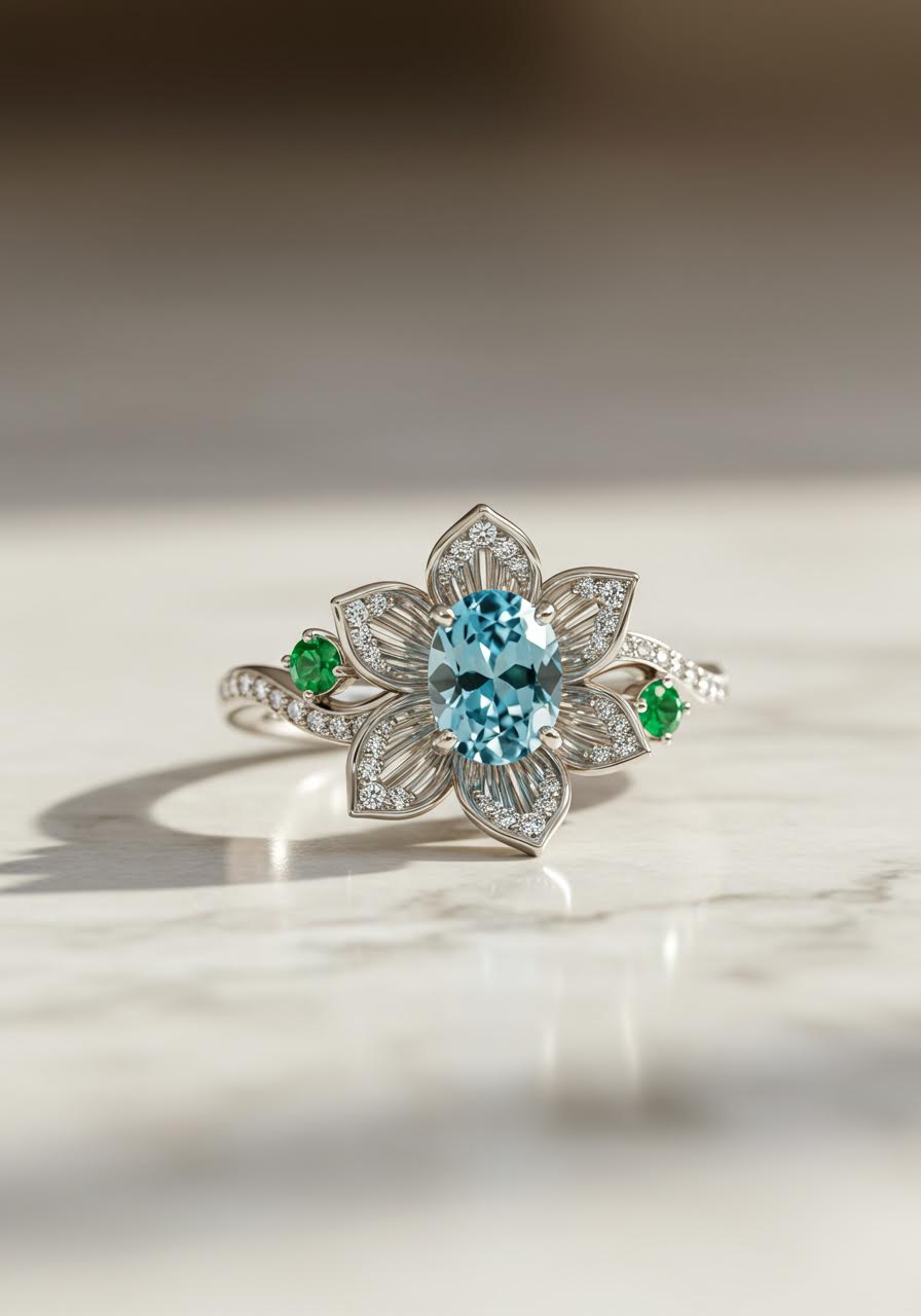 Water lily engagement ring with oval aquamarine centre stone surrounded by teardrop emerald petals in elegant platinum setting