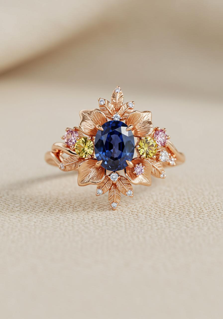 Wildflower bouquet engagement ring featuring mixed gemstones including blue sapphire, citrine, morganite and diamonds in clustered setting