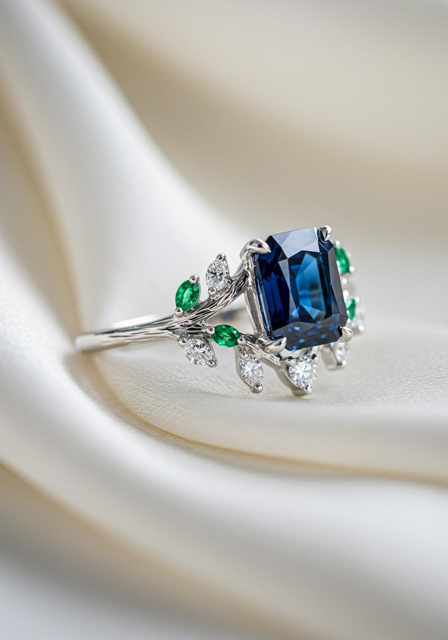 Willow's whisper engagement ring with emerald-cut blue sapphire nestled among sculptural white gold flowing branches and emerald leaves