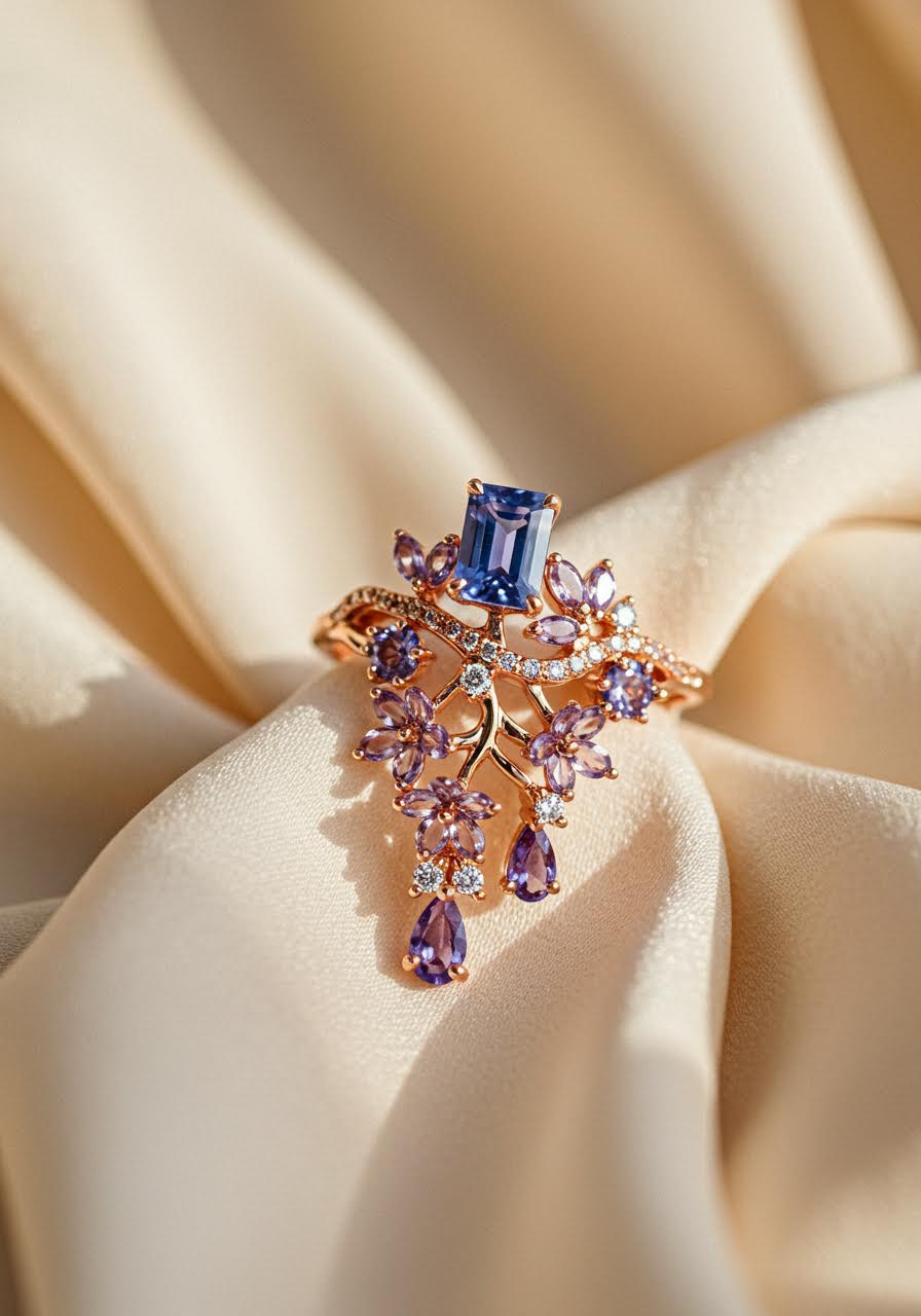 Wisteria cascade engagement ring with central tanzanite stone and flowing purple sapphire clusters in graduated tones creating three-dimensional movement