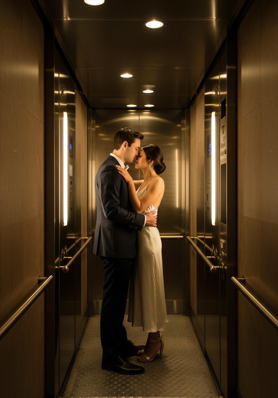Tender embrace captured in intimate elevator setting with warm lighting