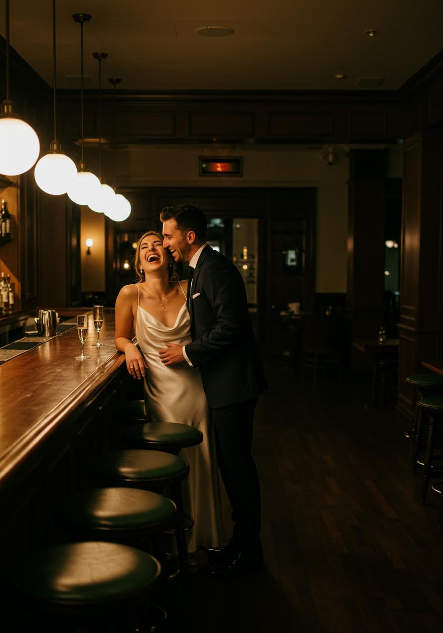 Couple sharing champagne and laughter at deserted hotel bar after reception