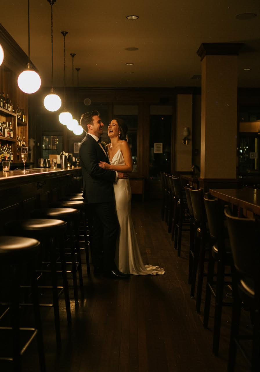 Full-body shot of newlyweds at empty wedding bar in formal attire