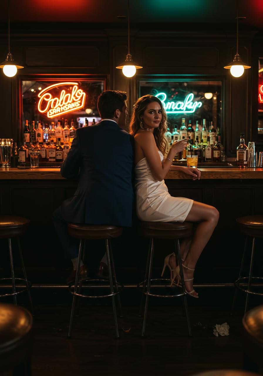 Intimate conversation at cocktail lounge with modern bar stools and ambient lighting