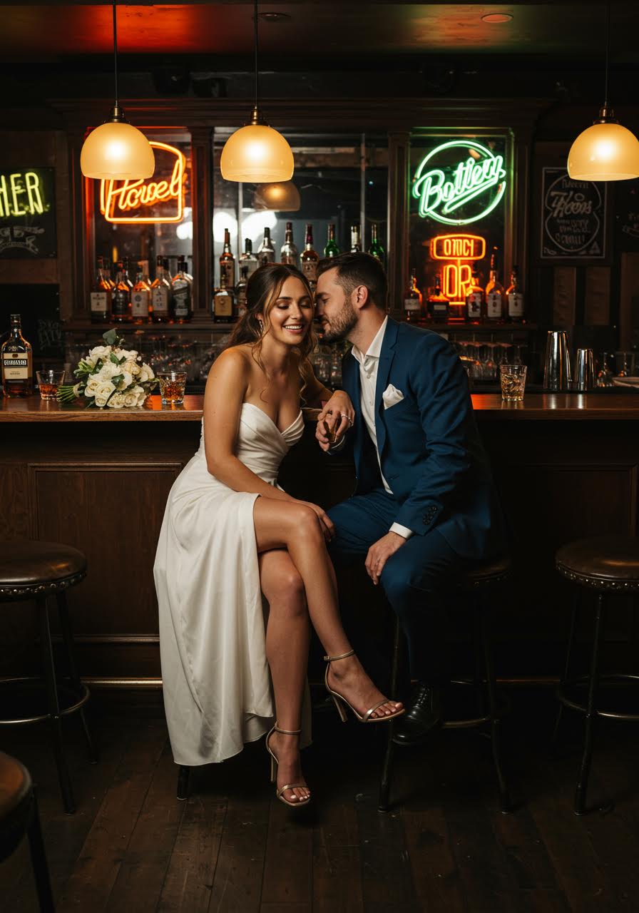 Tender whispered moment captured from artistic angle at upscale bar