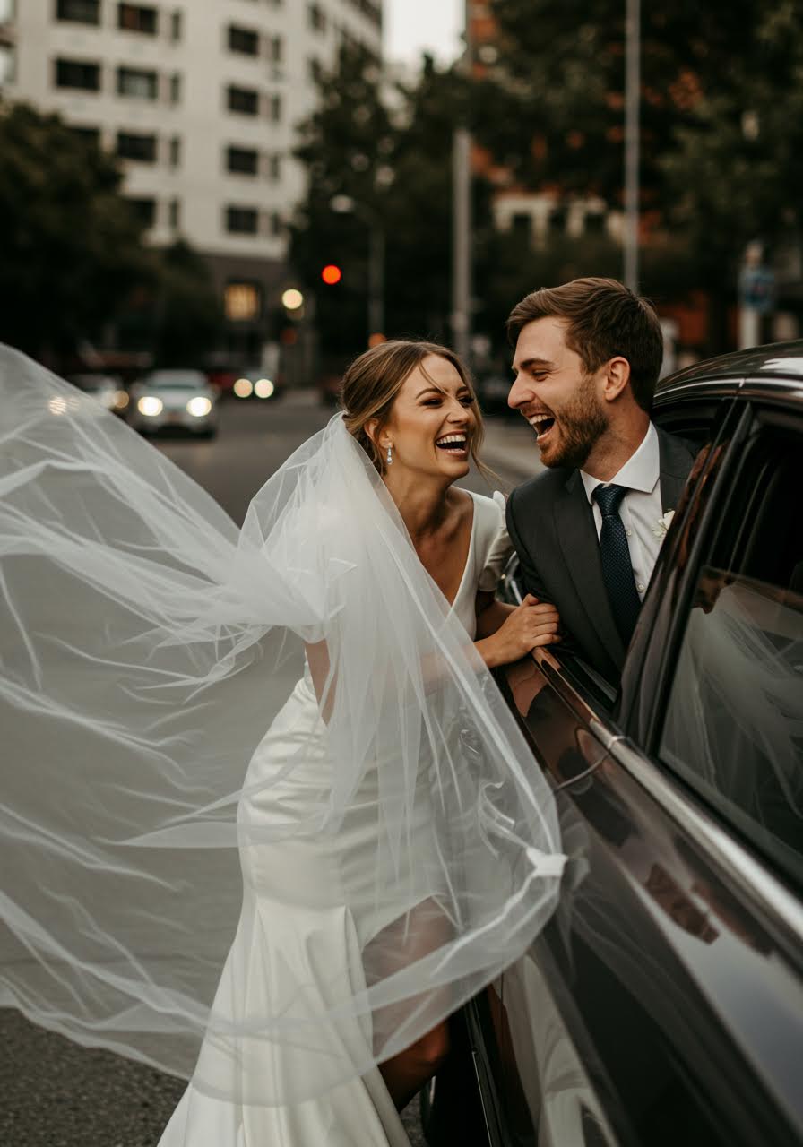 Couple sharing an intimate moment in luxury sedan captured through car window