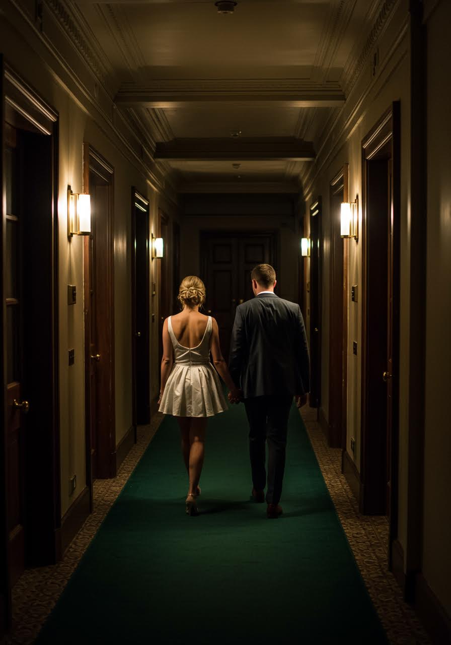 Newlyweds walking hand in hand down dimly lit hotel hallway