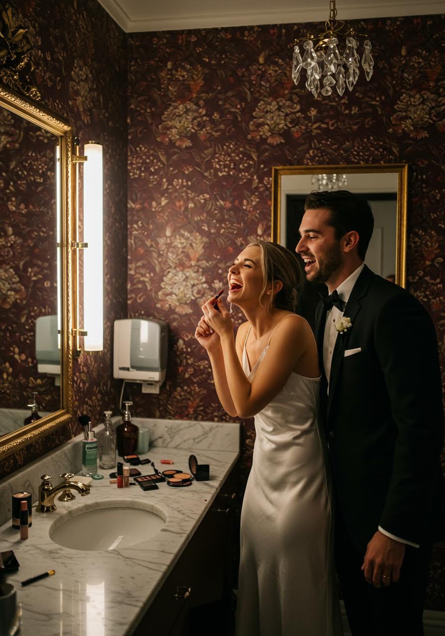 Wedding guests sharing unguarded laughter in an upscale venue powder room