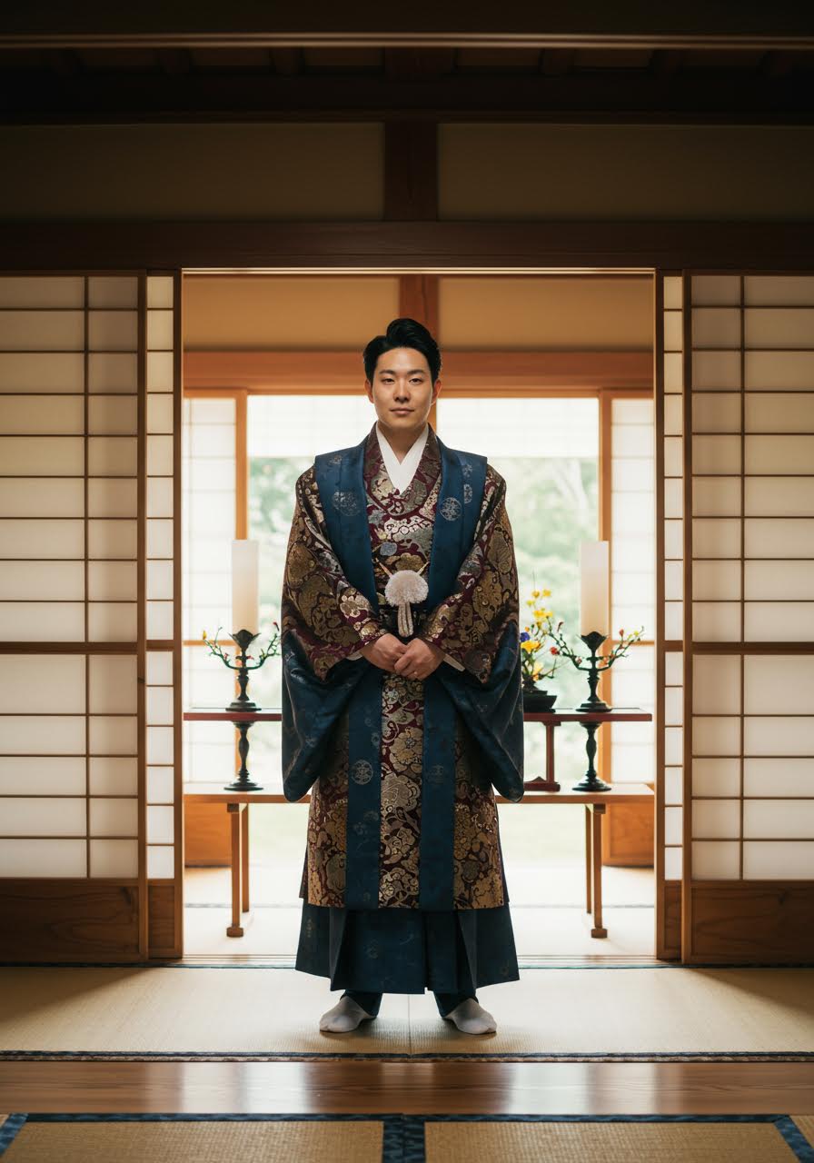Elegant groom portrait in traditional room setting wearing fusion Japanese-Korean formal wedding attire