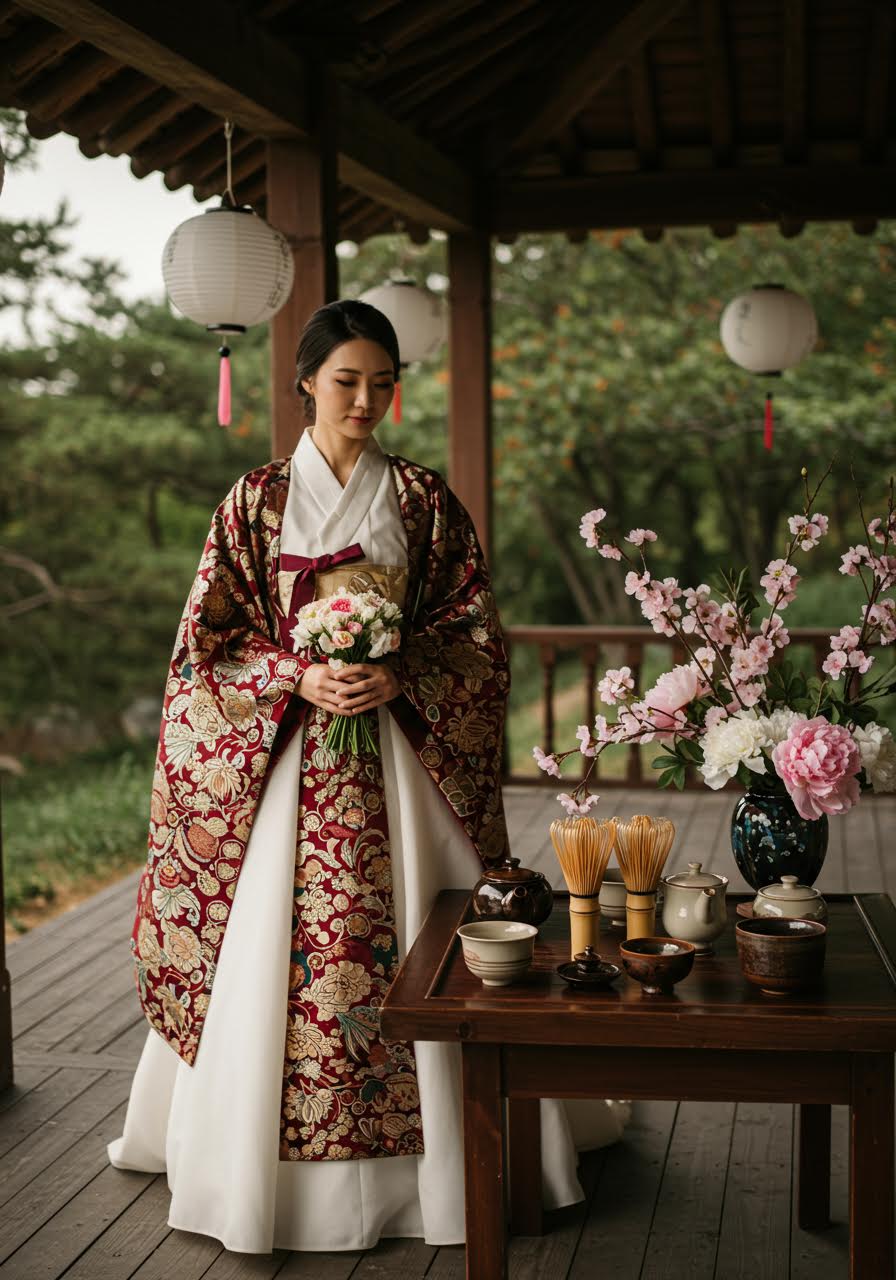 Bride in fusion kimono-hanbok gown participating in traditional tea ceremony during golden hour