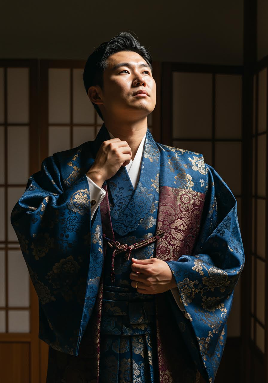 Groom adjusting collar of traditional fusion wedding attire combining Japanese and Korean elements