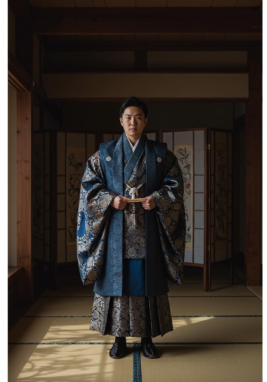 Groom wearing sophisticated fusion of Japanese hakama and Korean durumagi in professional studio portrait