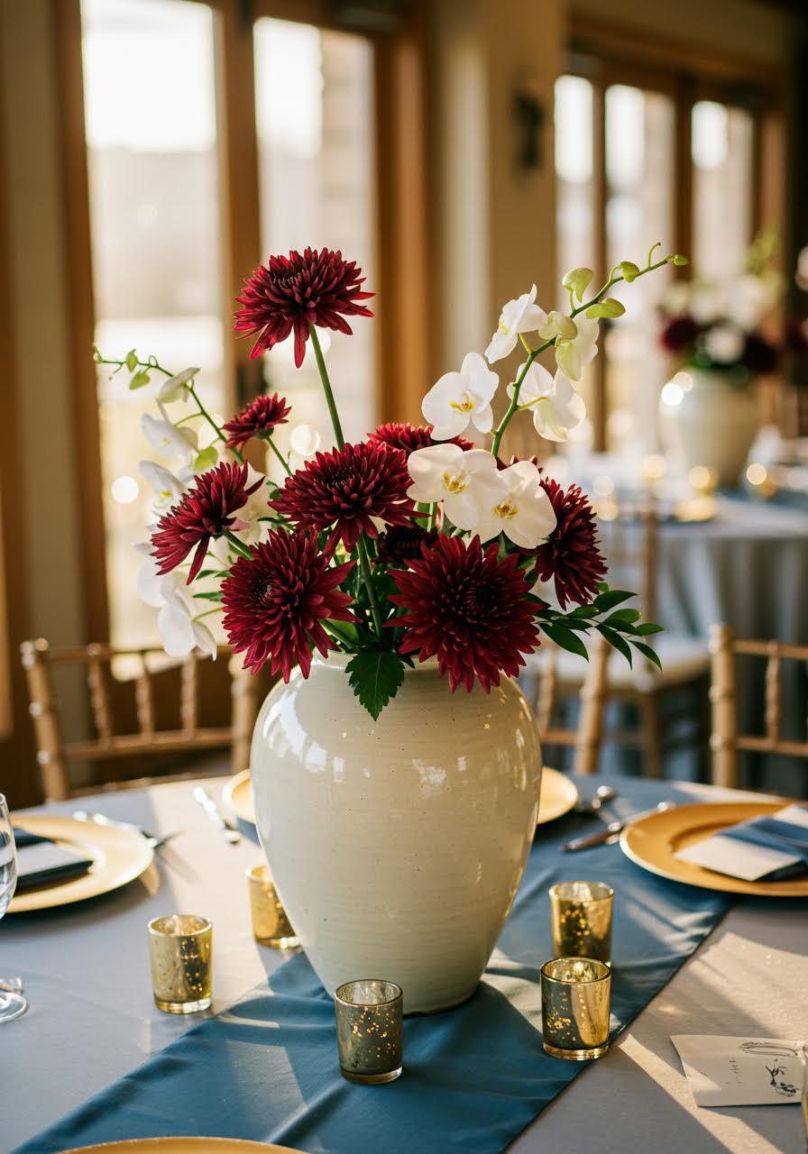 Overhead view of moon jar centerpiece showing ikebana arrangement from artistic top-down perspective