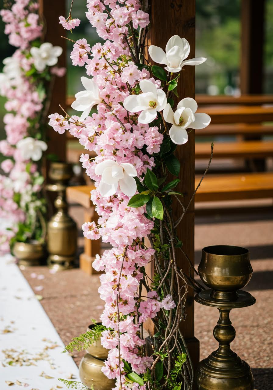 Close-up detail of ikebana cherry blossom arrangement showing delicate pink petals and artistic branch placement