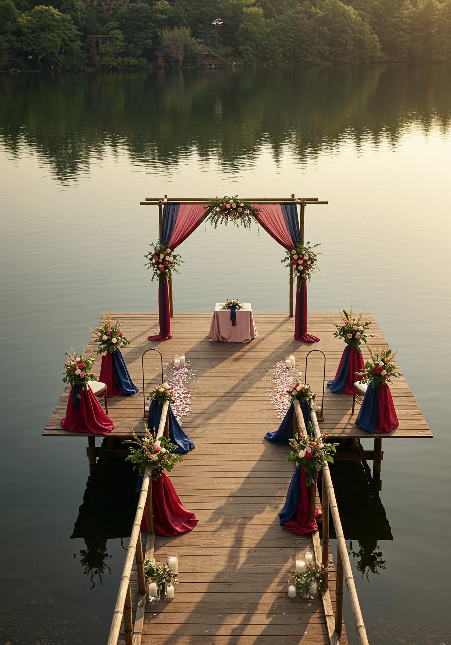 Aerial perspective of wooden dock ceremony venue showing traditional design elements extending over peaceful lake waters