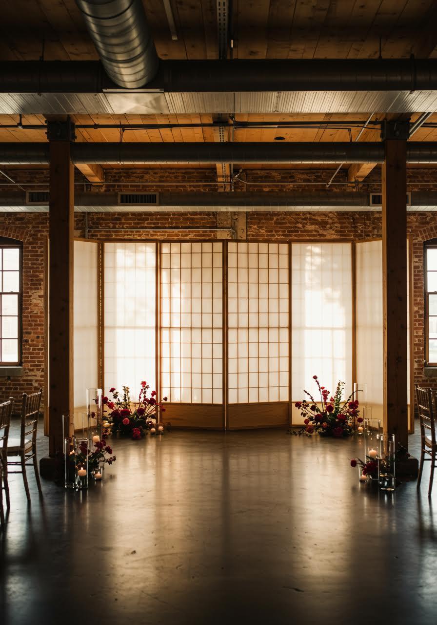 Modern industrial loft wedding venue transformed with traditional Japanese shoji screens creating intimate ceremony space