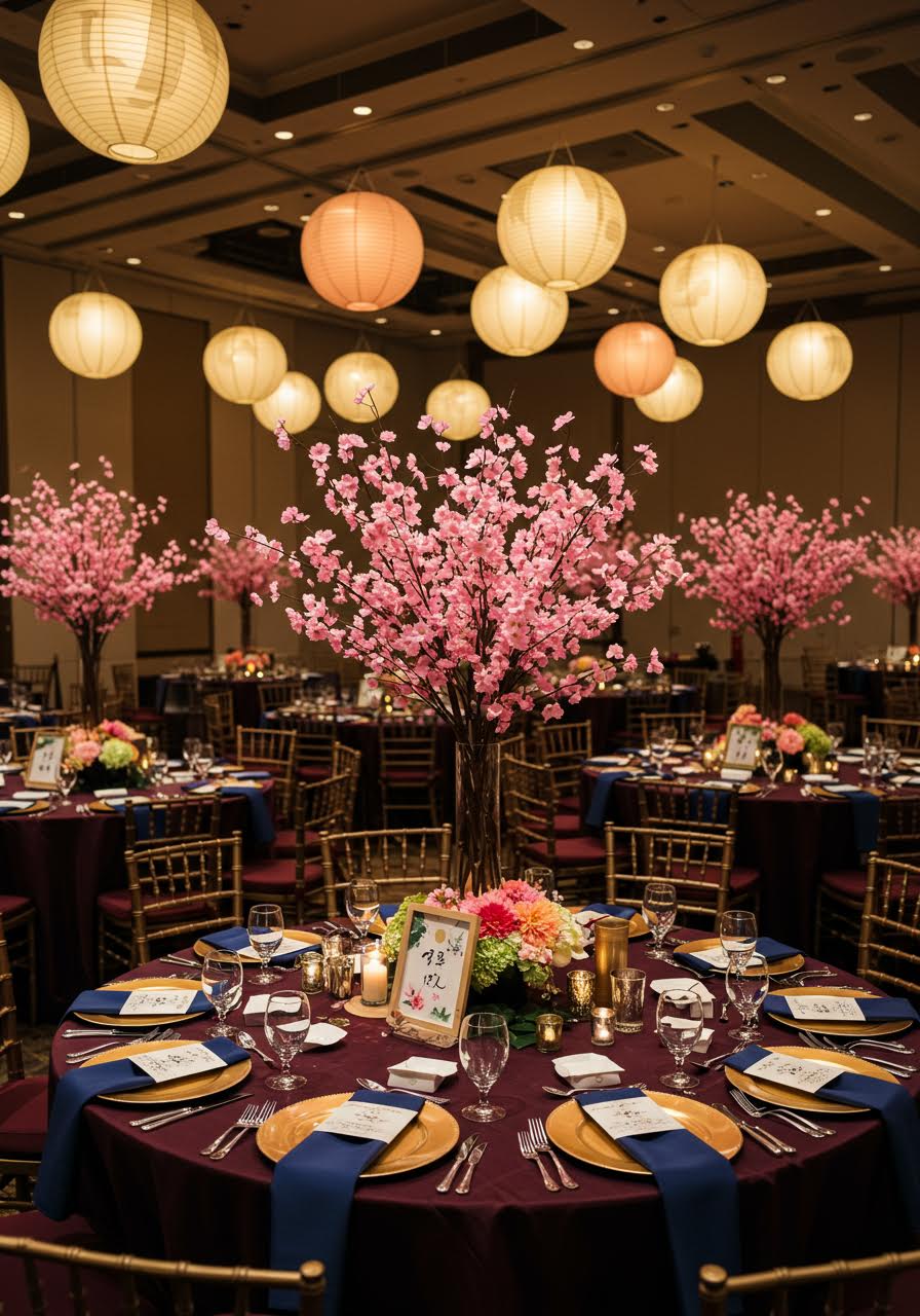Grand Japanese-Korean fusion wedding banquet hall with elegant table settings and cultural decorative elements
