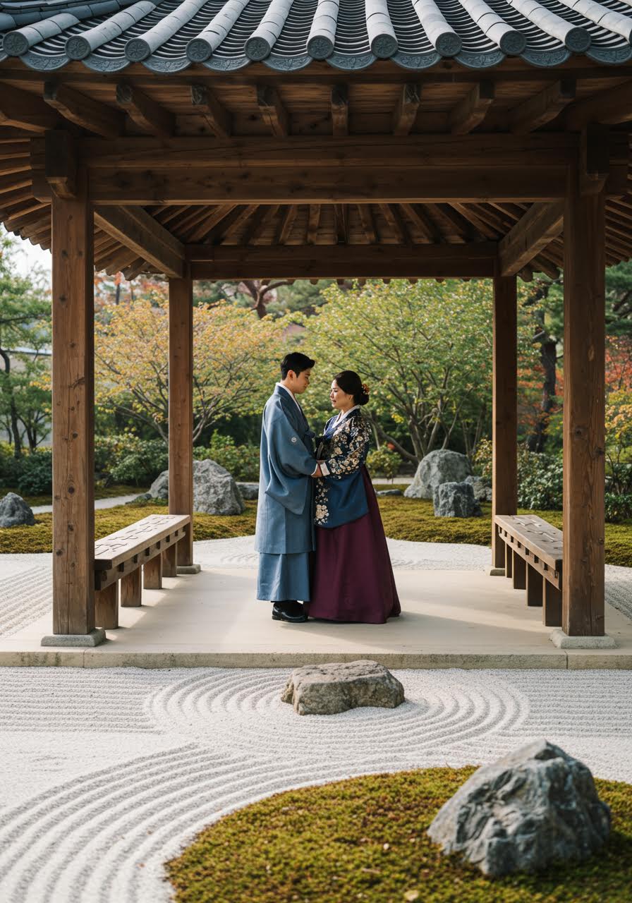 Couple in traditional Korean hanbok and Japanese kimono standing together in zen garden setting