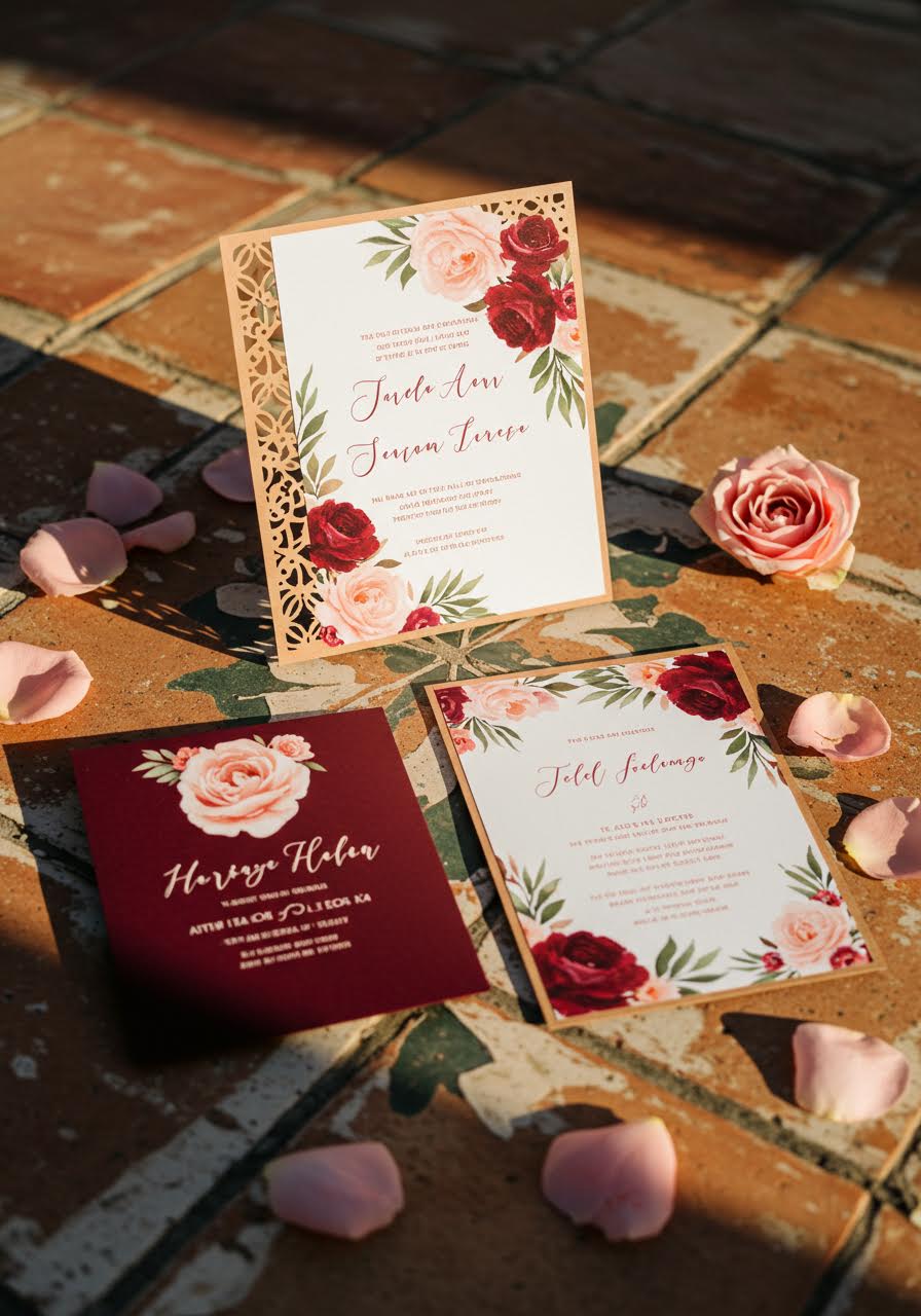 Sophisticated Mexican wedding invitation suite with laser-cut borders displayed on weathered terracotta tiles with scattered rose petals