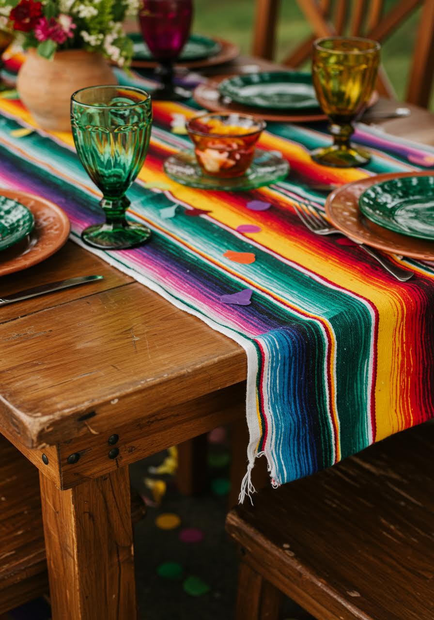 Close-up of layered serape table runners with coloured glass goblets and Mexican ceramics on wooden table corner