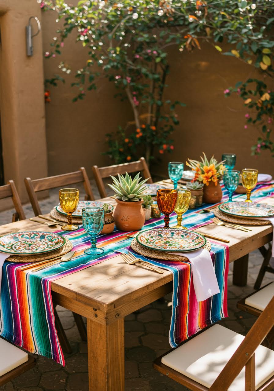 Rustic wooden farm table with vibrant serape runners and colourful Mexican glassware in hacienda courtyard setting