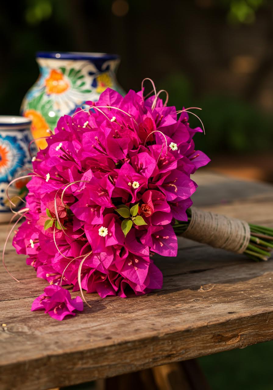 Hot pink and magenta bougainvillea bridal bouquet with trailing petals on rustic wooden table in Mexican hacienda garden