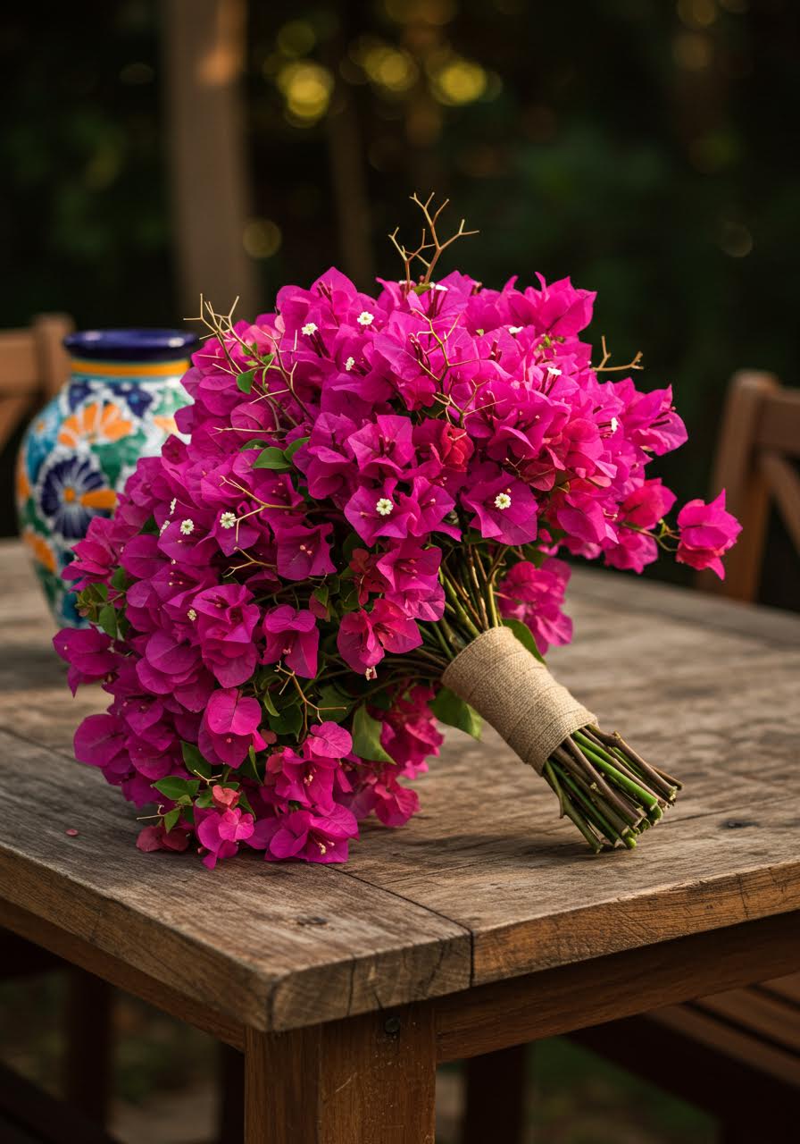 Wide angle view of stunning bougainvillea bouquet arrangement on weathered wood table with Talavera pottery background