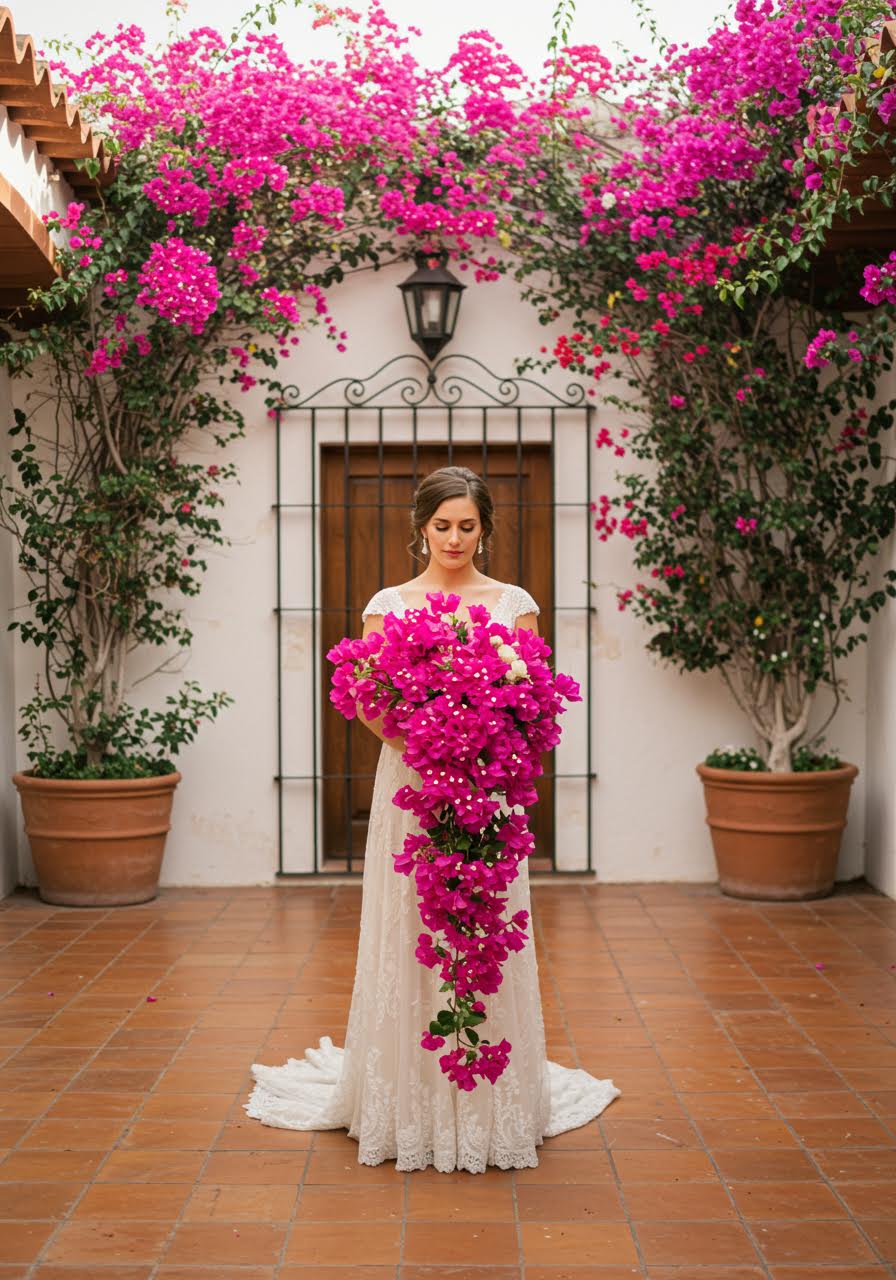 Bride holding dramatic cascading bouquet of vibrant magenta bougainvillea flowers in sun-drenched Mexican courtyard