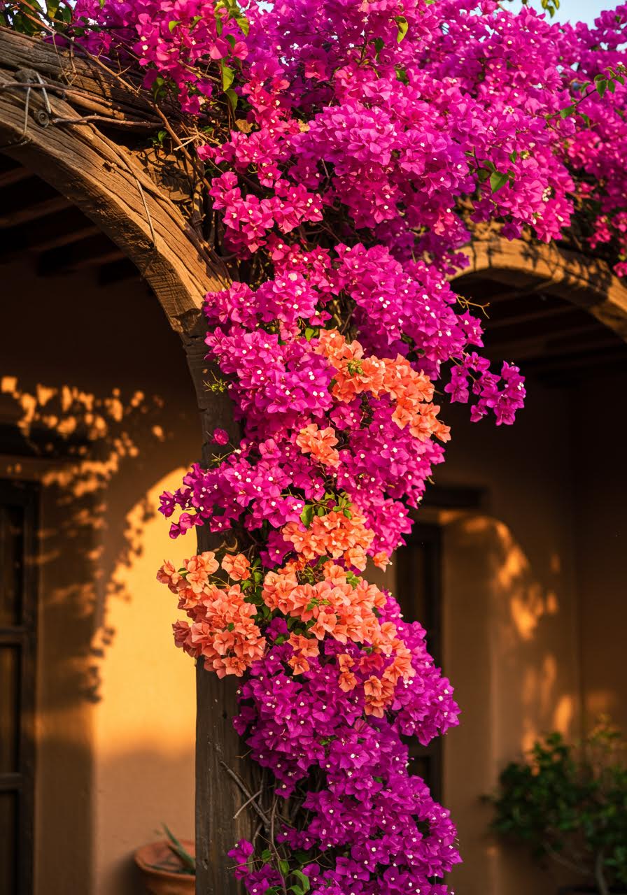 Cascading magenta and coral pink bougainvillea vines draping gracefully from handcrafted wooden arch in Mexican garden courtyard