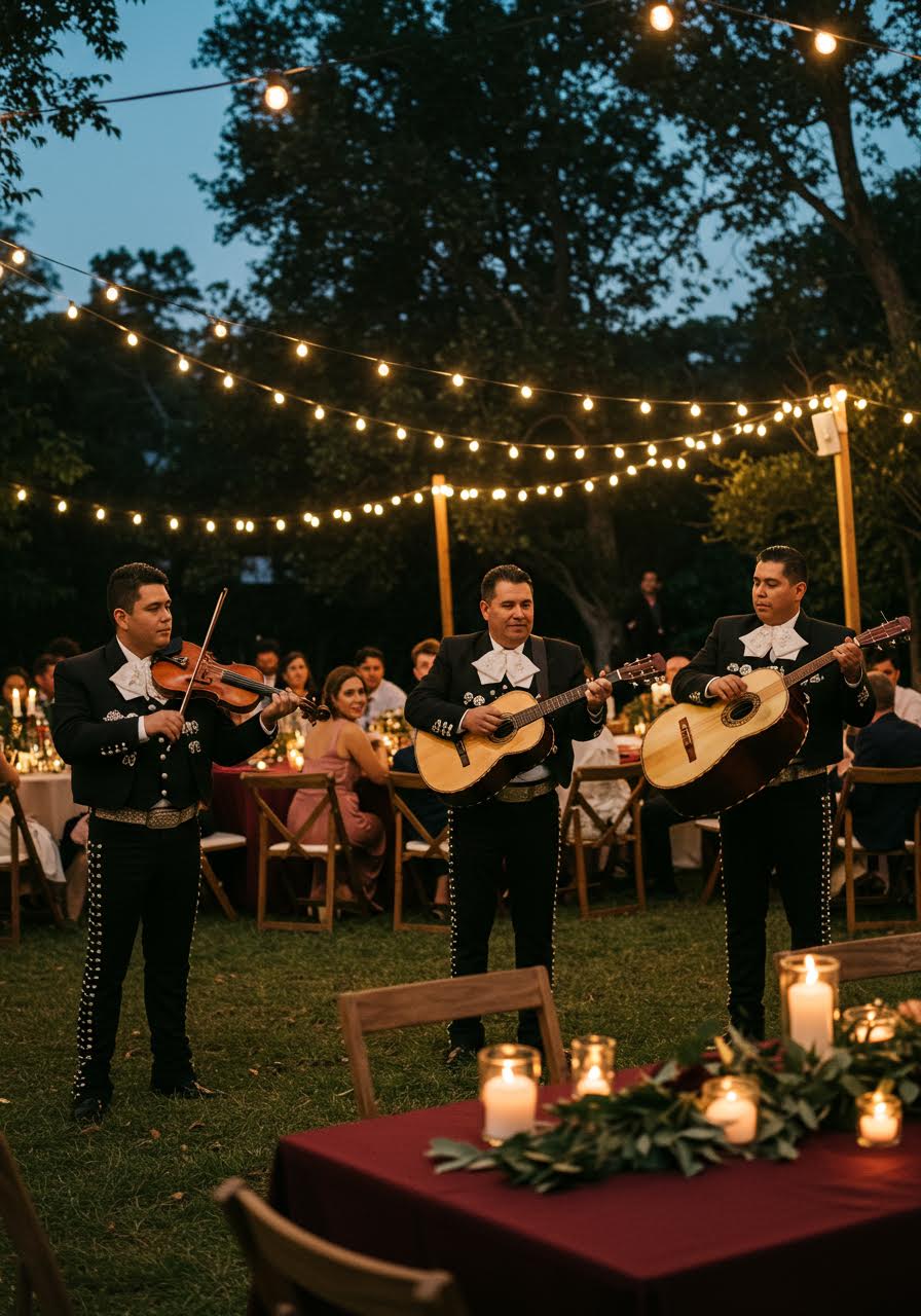 Mariachi band in traditional black charro suits with silver embroidery serenading guests at candlelit outdoor reception under string lights