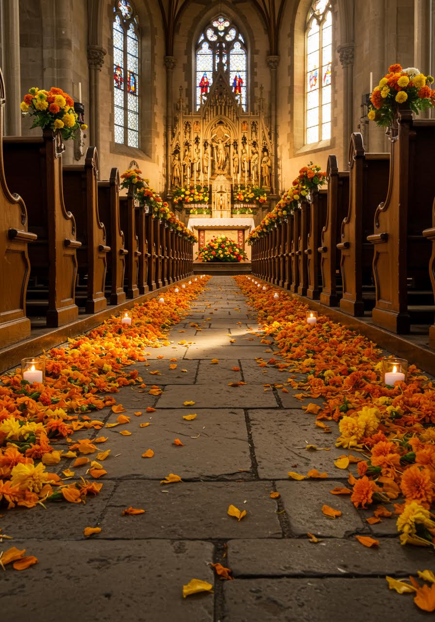Stone church aisle scattered with vibrant orange and yellow marigold petals leading to ornate altar during golden hour