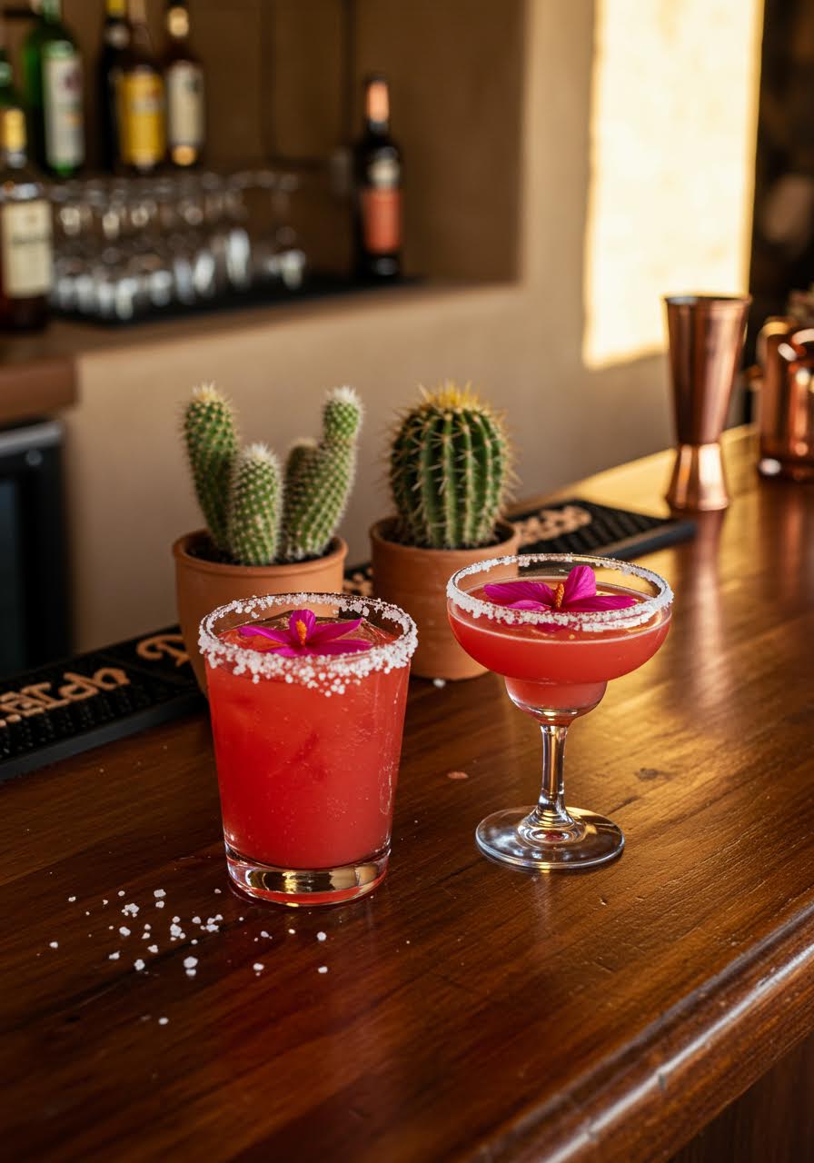Traditional Mexican cantina bar with adobe walls, vibrant hibiscus margaritas in salt-rimmed glasses, and barrel cacti decorations