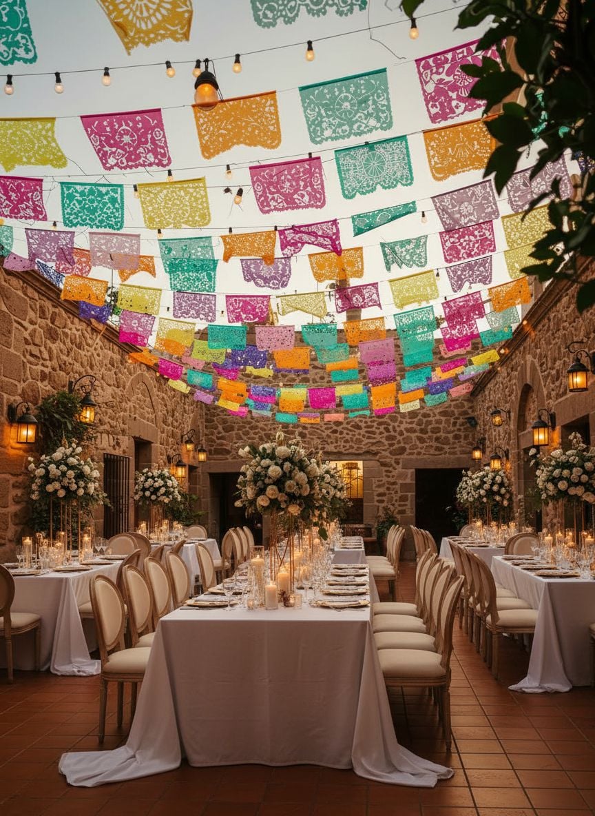 Colourful papel picado banners in pink, turquoise, orange and yellow strung above stone courtyard with wooden tables during golden hour