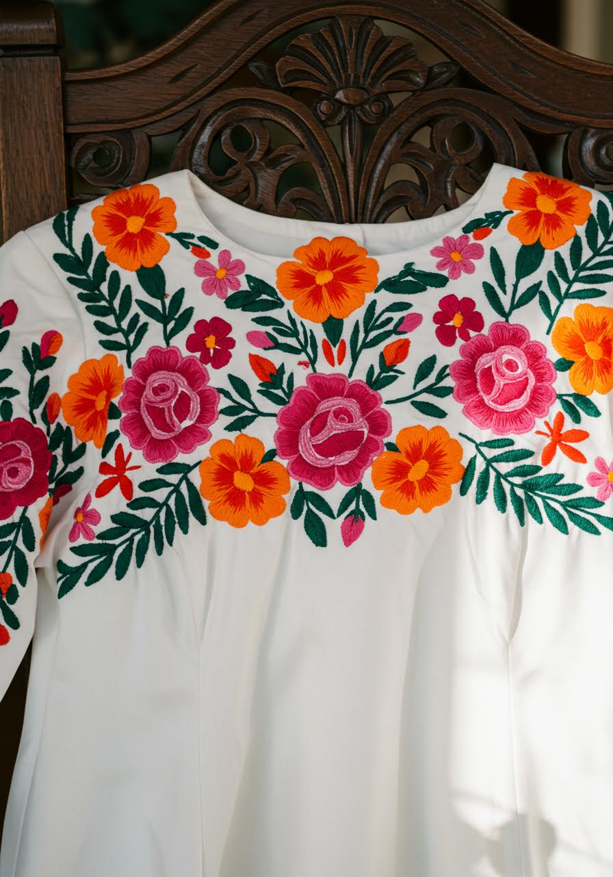 Exquisite close-up of Mexican folkloric embroidery featuring orange marigolds and pink roses on white wedding dress bodice