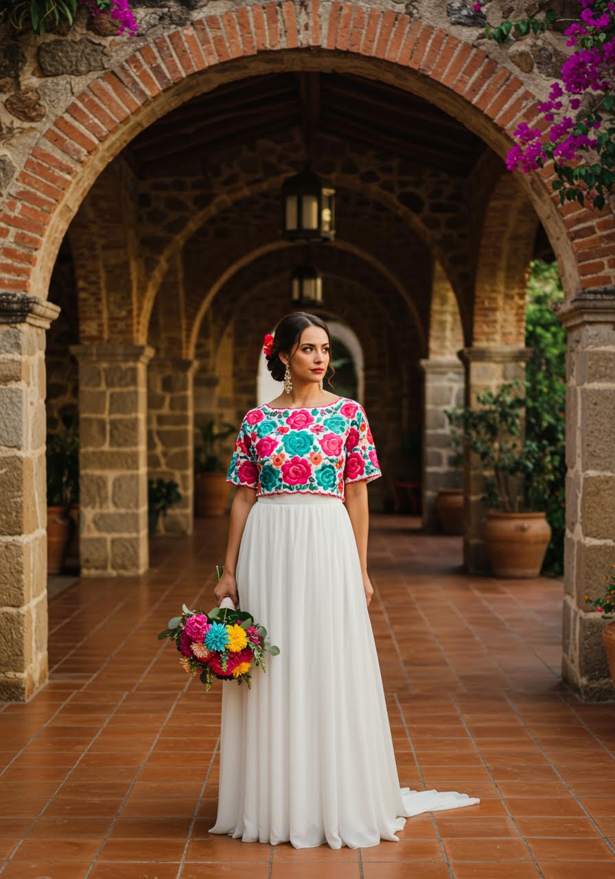 Bride in pristine white wedding gown featuring vibrant Mexican floral embroidery standing in sun-drenched hacienda courtyard