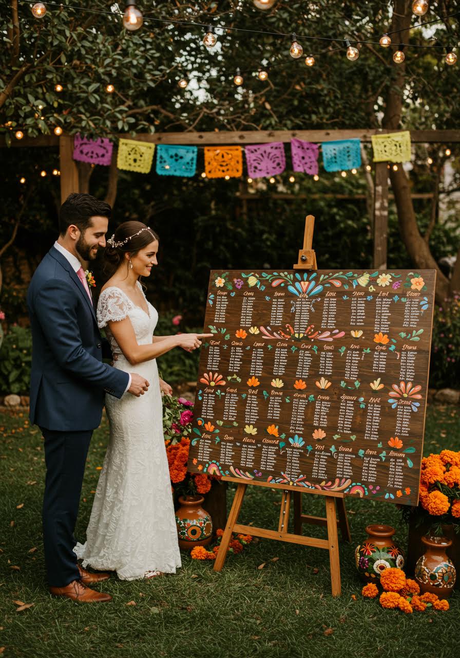 Couple pointing to guest names on colourful hand-painted Mexican folk art seating chart in garden venue