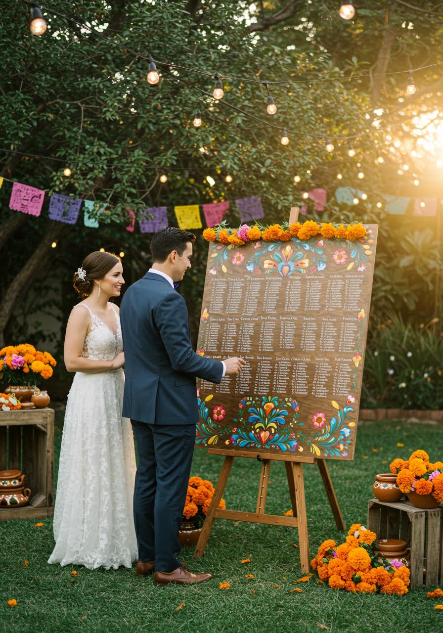 Bride and groom examining large hand-painted wooden seating chart with Mexican folk art designs and marigold flowers