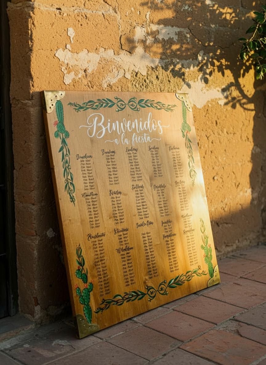 Hand-painted wooden seating chart with guest names in emerald and burgundy paint against weathered adobe wall