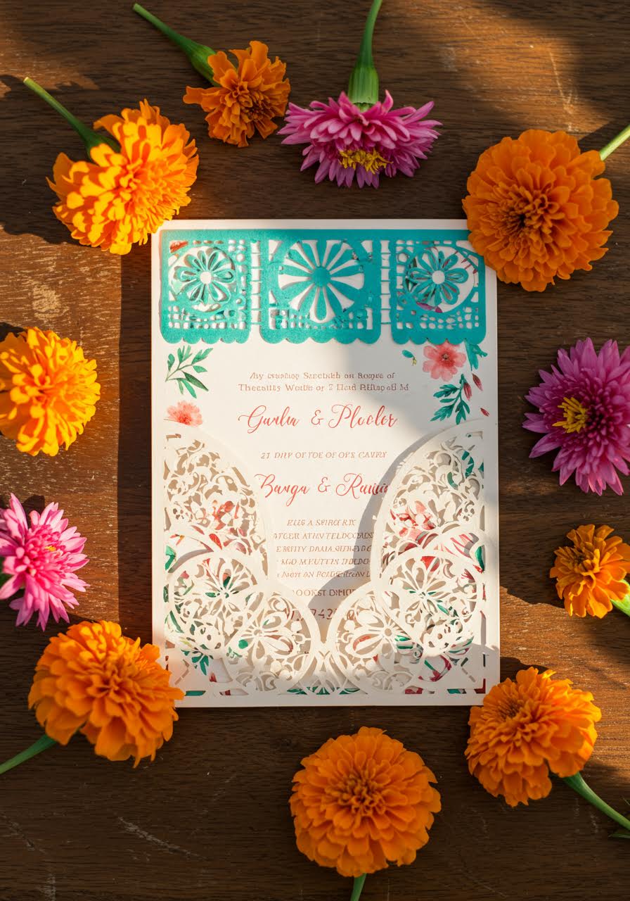Intricate laser-cut papel picado wedding invitation with watercolour florals surrounded by vibrant orange marigolds on rustic wooden surface