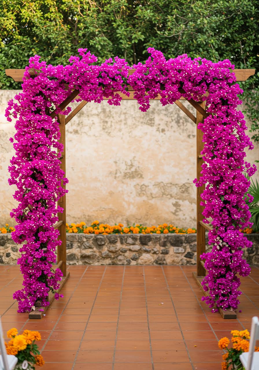 Rustic wooden wedding arch adorned with cascading bright pink and magenta bougainvillea flowers in serene courtyard setting